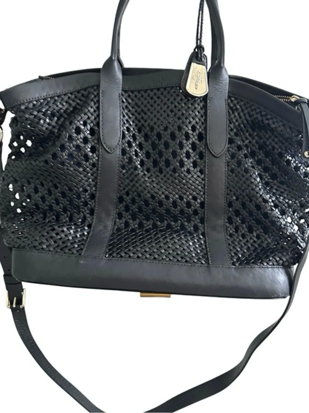 Cole Haan Black Woven Leather Tote with Shoulder Strap